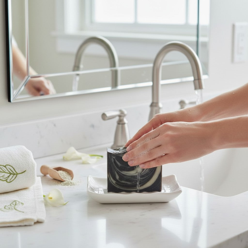 Calla Lily Cosmetics Black Forest Bar Soap with activated charcoal, deep musk, floral, sandalwood, and patchouli scent.