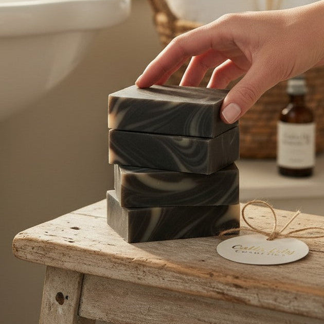 Calla Lily Cosmetics Black Forest Bar Soap with activated charcoal, swirled black and white pattern.