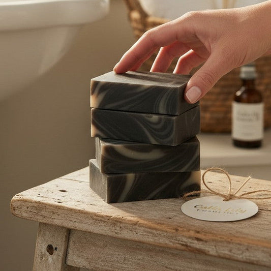 Calla Lily Cosmetics Black Forest Bar Soap with activated charcoal, swirled black and white pattern.