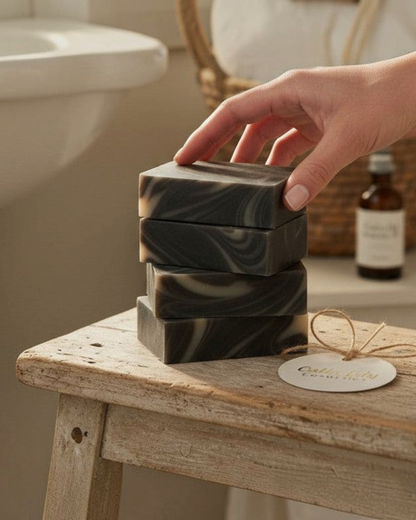 Calla Lily Cosmetics Black Forest Bar Soap with activated charcoal, swirled black and white pattern.