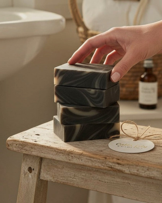 Calla Lily Cosmetics Black Forest Bar Soap with activated charcoal, swirled black and white pattern.