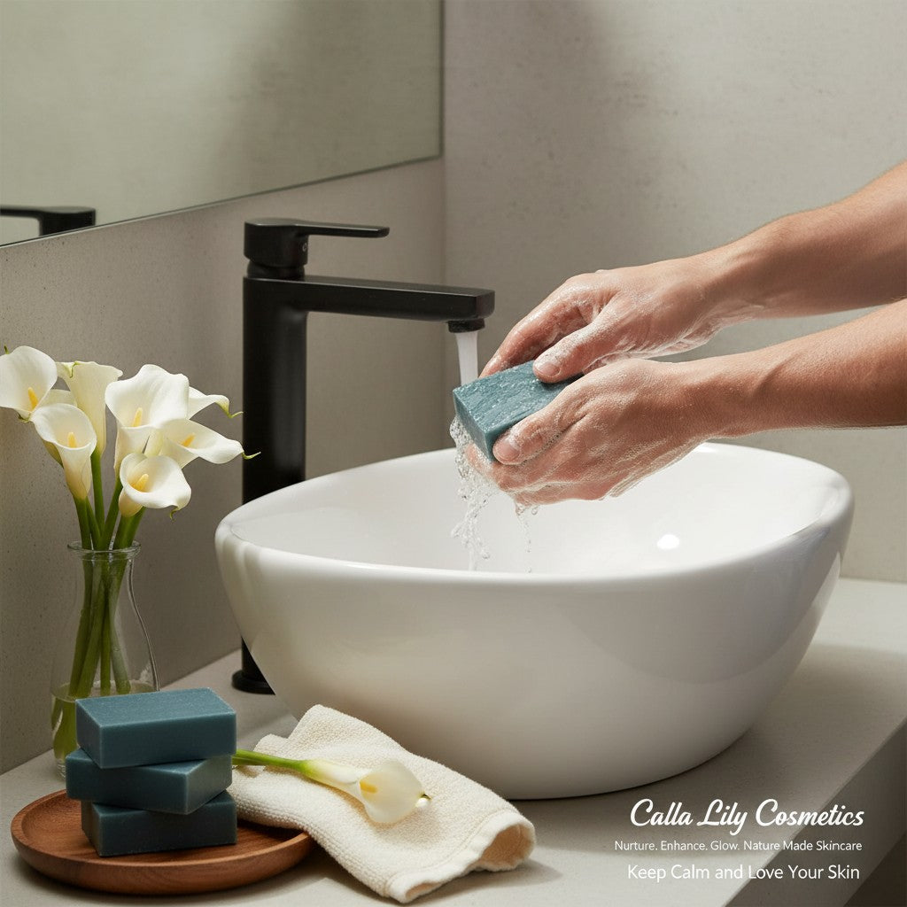 Calla Lily Cosmetics + CL kids Blueberry Scrub Bar Soap with activated charcoal, ground oatmeal, and sea salt. Deep blue bars.