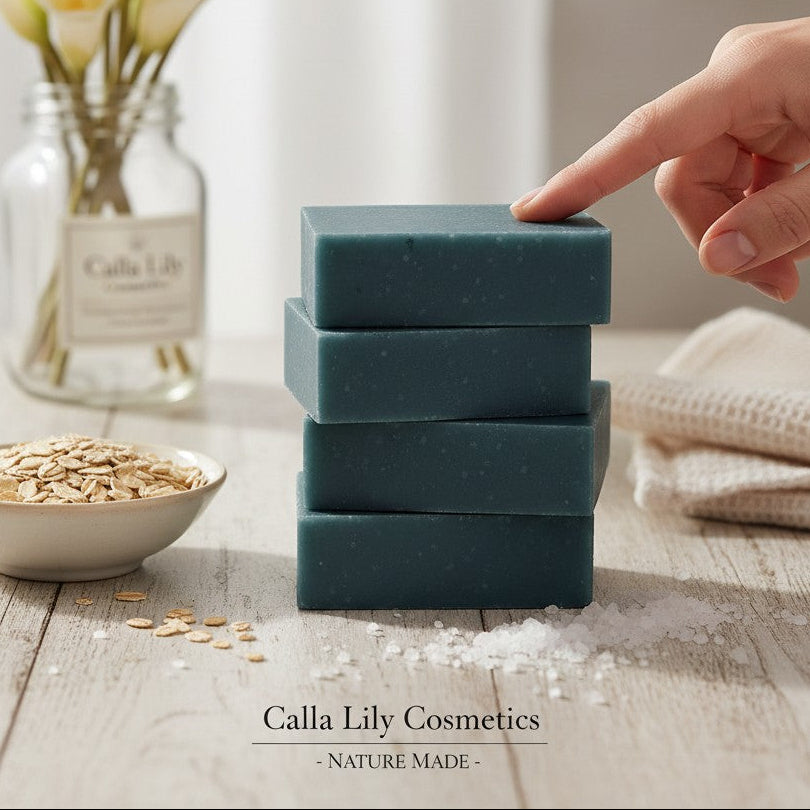 Calla Lily Cosmetics Blueberry Scrub Bar Soap with activated charcoal, oatmeal, and sea salt for exfoliation. Deep blue color.
