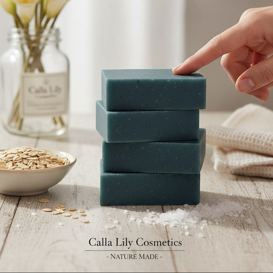 Calla Lily Cosmetics Blueberry Scrub Bar Soap with activated charcoal, oatmeal, and sea salt for exfoliation. Deep blue color.