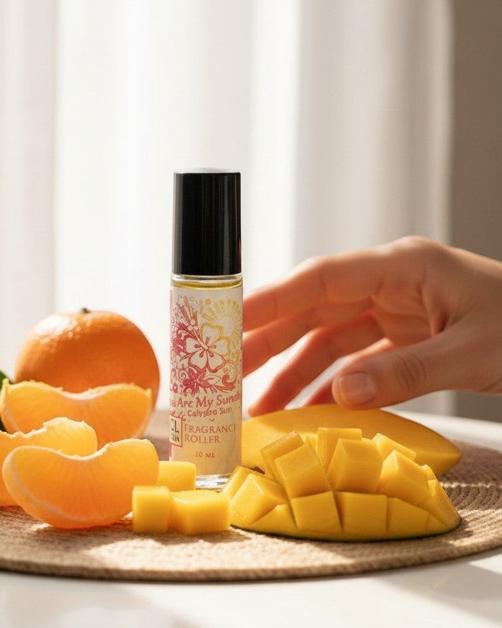 Calla Lily Cosmetics Calypso Sun perfume roller with tropical floral design. 10ml.
