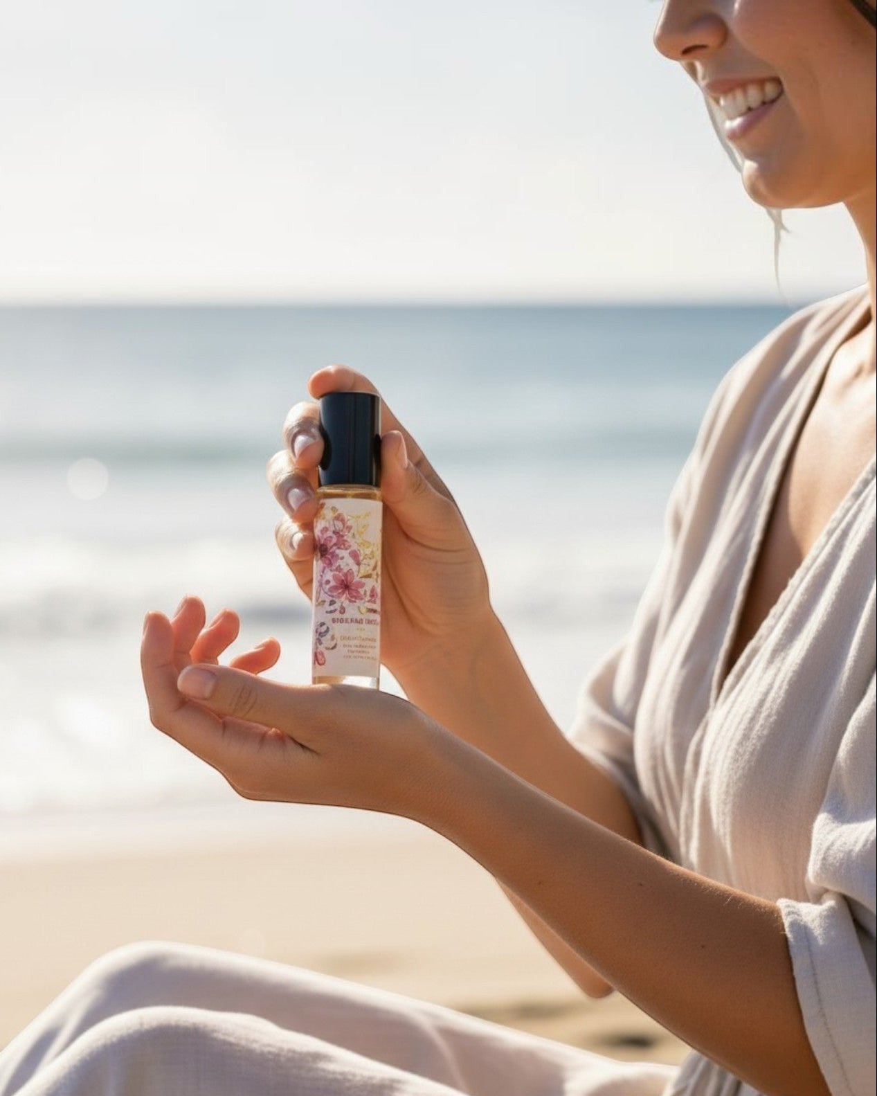 Calla Lily Cosmetics Calypso Sun perfume roller with mandarin, peach, and mango notes on a beach.