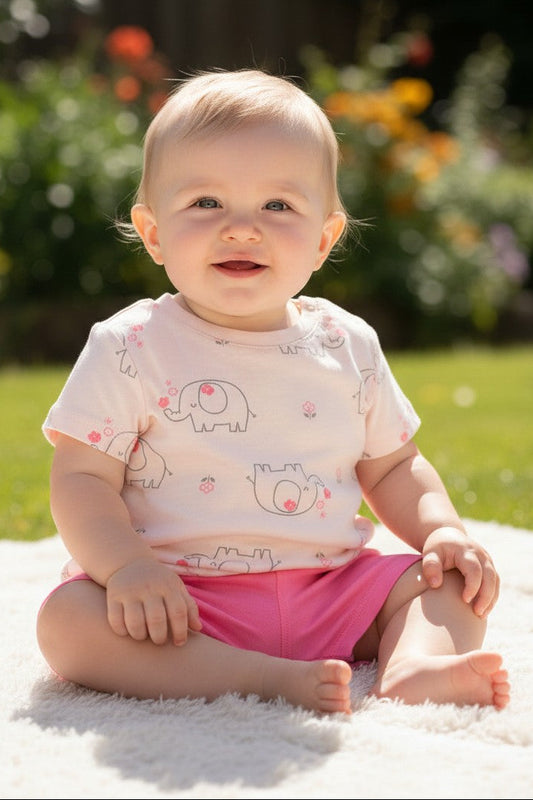 Calla Lily Cosmetics + CL kids 3 pc baby bodysuit, t-shirt, and shorts set with elephant print and pink polka dots. Cotton blend.