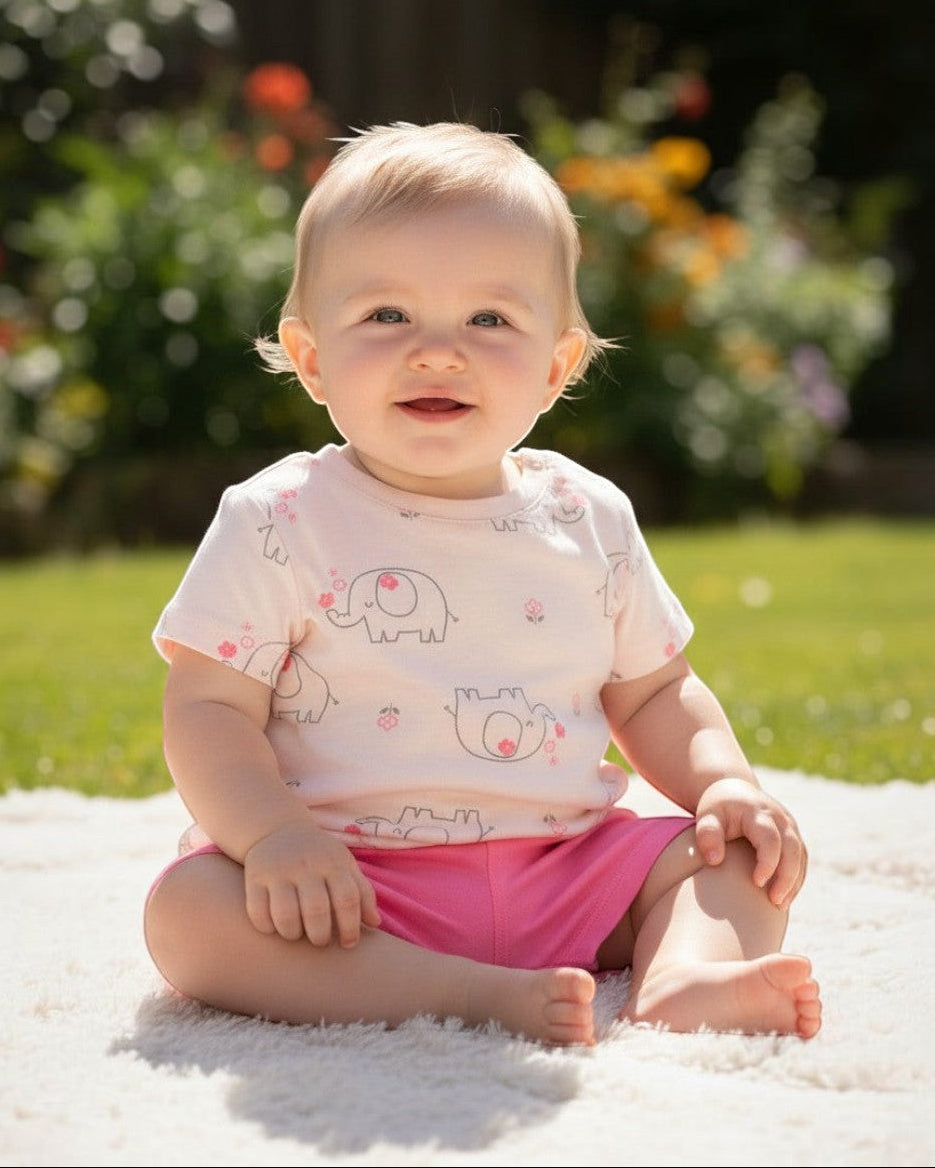 Calla Lily Cosmetics + CL kids 3 pc baby bodysuit, t-shirt, and shorts set with elephant print and pink polka dots. Cotton blend.