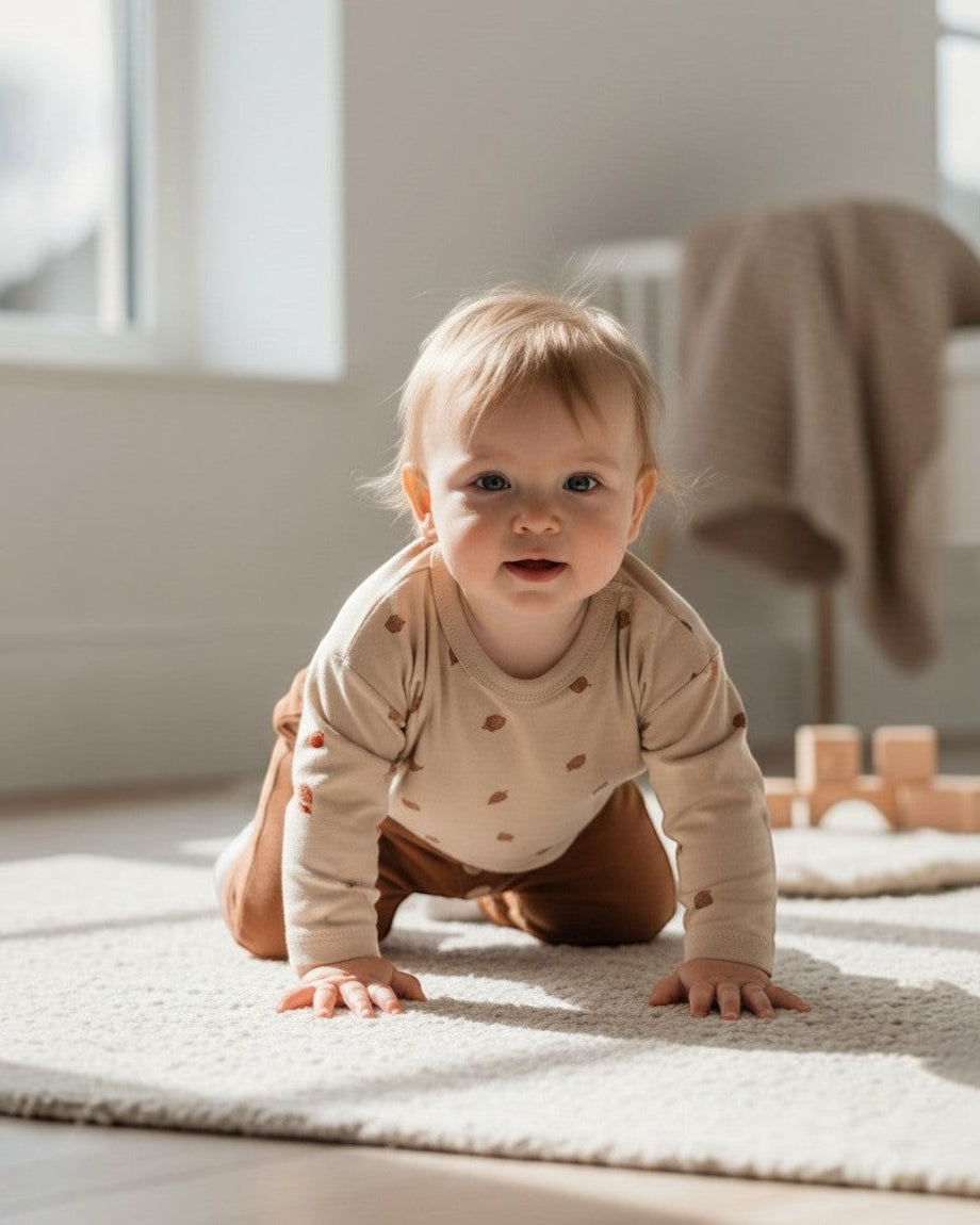 Calla Lily Cosmetics + CL kids beige long-sleeve cotton baby shirt with acorn print and brown pants with button detail.
