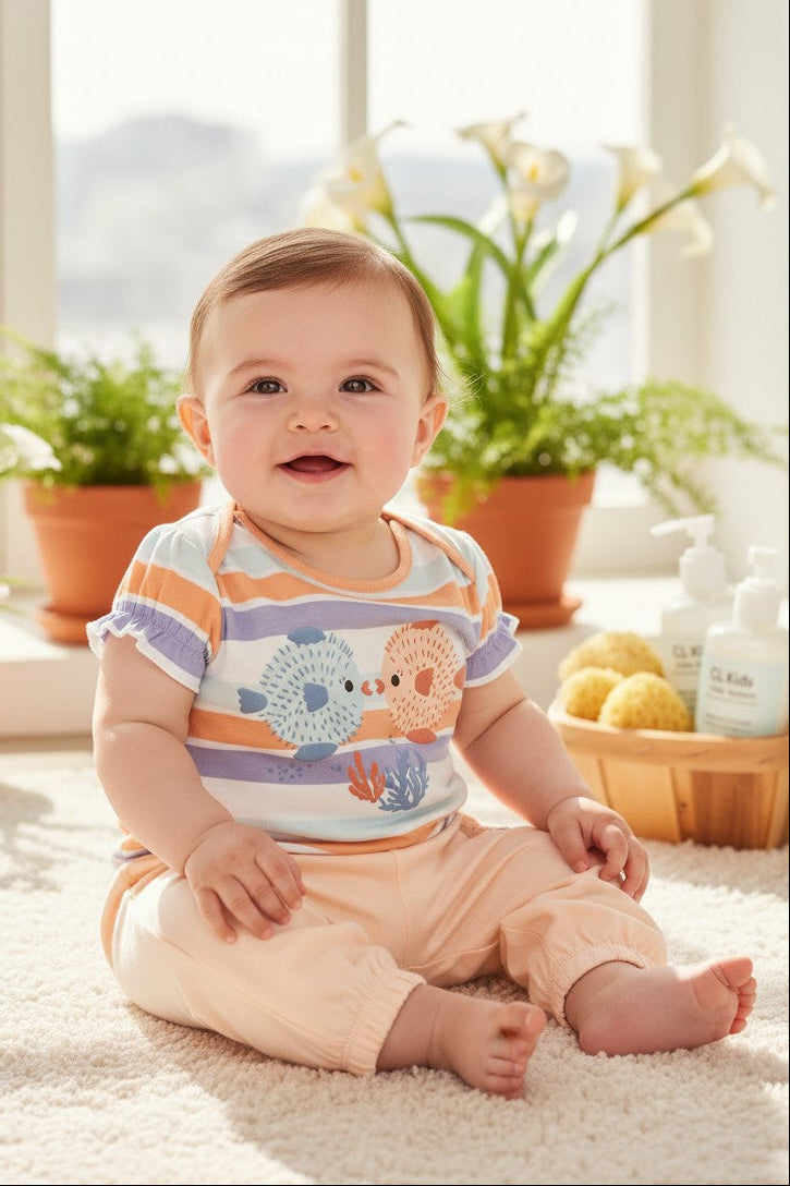 Calla Lily Cosmetics + CL kids baby 3-piece set: peach seashell print bodysuit, striped bodysuit with pufferfish, and peach pants with starfish accent.