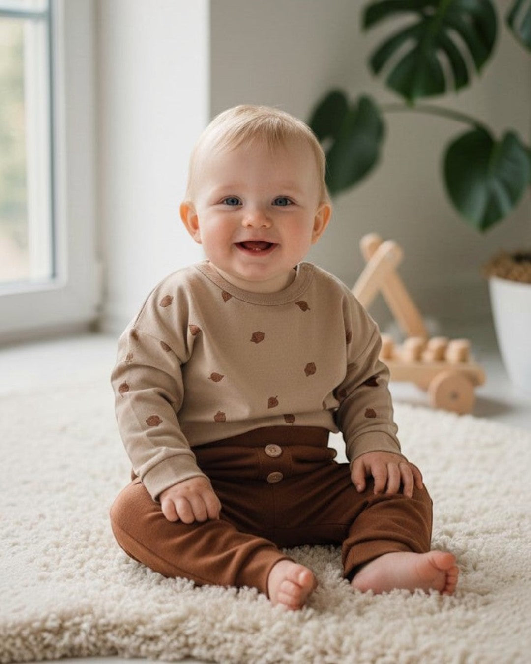 Calla Lily Cosmetics + CL kids beige long-sleeve cotton baby top with acorn print and brown pants with button detail.