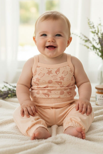 Calla Lily Cosmetics + CL kids baby 3-piece set: peach seashell print bodysuit, striped bodysuit with pufferfish, and peach pants with starfish accent.