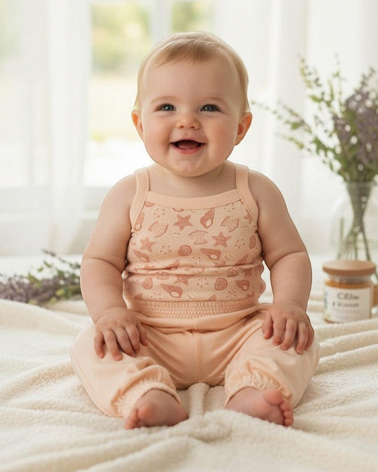 Calla Lily Cosmetics + CL kids baby 3-piece set: peach seashell print bodysuit, striped bodysuit with pufferfish, and peach pants with starfish accent.