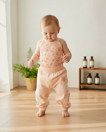 Calla Lily Cosmetics + CL kids 3-piece baby set: peach seashell print bodysuit, striped bodysuit with pufferfish, and peach pants with starfish accent.