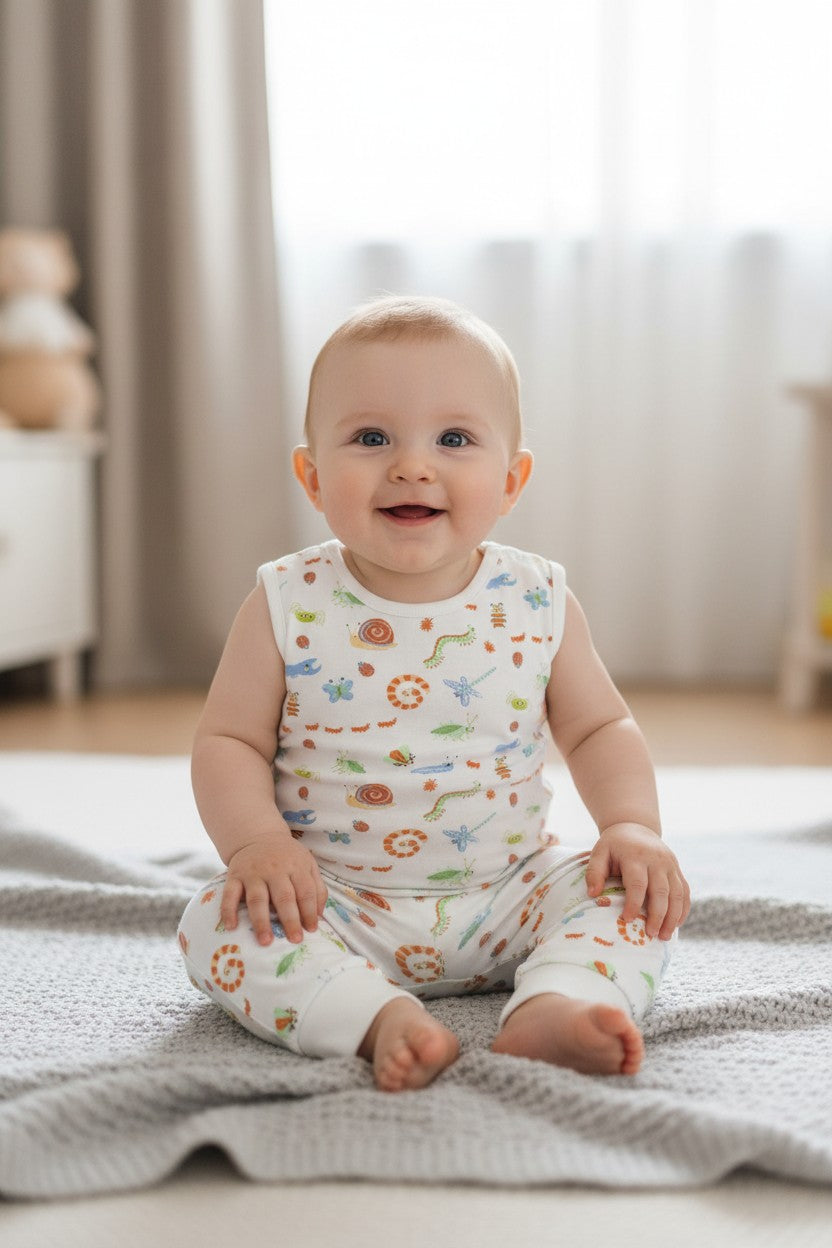 Calla Lily Cosmetics + CL kids 3-pack baby bodysuits and pants in soft cotton with insect and snail prints. One light green bodysuit features a snail and tree graphic.