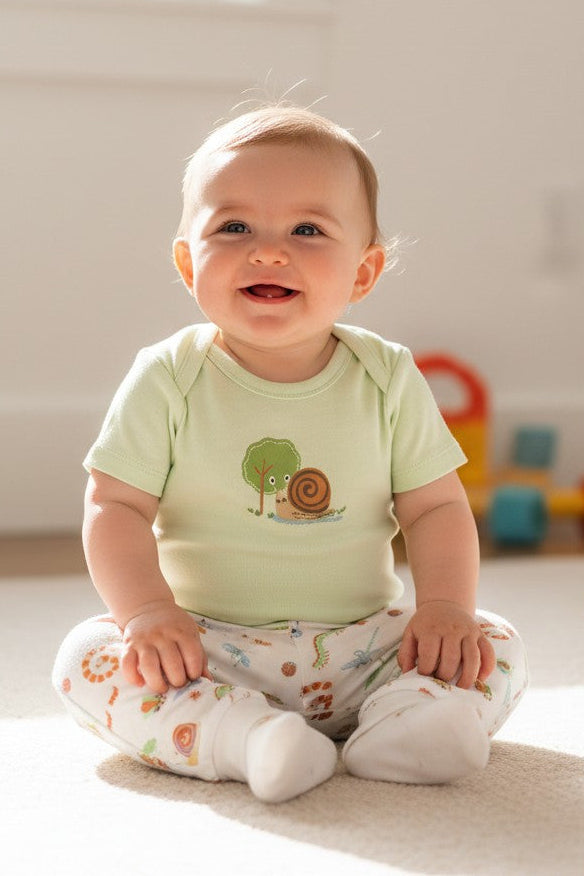 Calla Lily Cosmetics + CL kids 3-pack baby bodysuits and pants in soft cotton. One white sleeveless bodysuit and pants feature a playful insect print. A light green short-sleeve bodysuit has a snail and tree graphic.