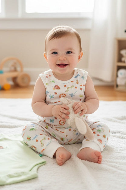 Calla Lily Cosmetics + CL kids 3-pack baby bodysuits and pants in soft cotton. One sleeveless bodysuit and pants feature a playful insect print. One short-sleeve bodysuit is light green with a snail and tree graphic.