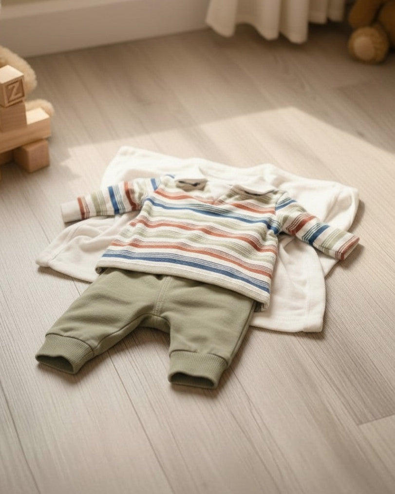 Calla Lily Cosmetics + CL kids baby boy green striped long-sleeve collared shirt with green joggers and cream booties. Cotton blend.