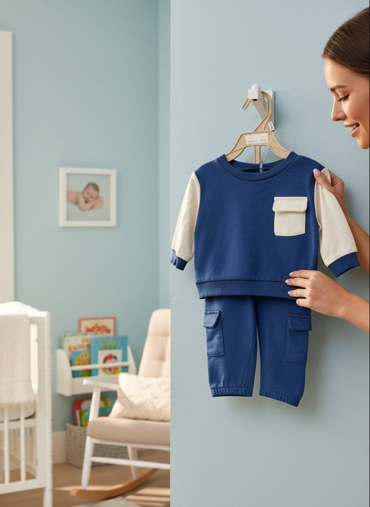 Calla Lily Cosmetics + CL kids navy blue and cream cotton blend jogger set for baby boys.