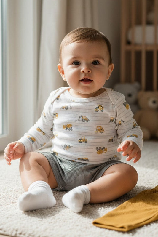 Calla Lily Cosmetics + CL kids 4-piece baby jumper set with white long-sleeve bodysuit featuring construction trucks and grey shorts and mustard yellow pants.