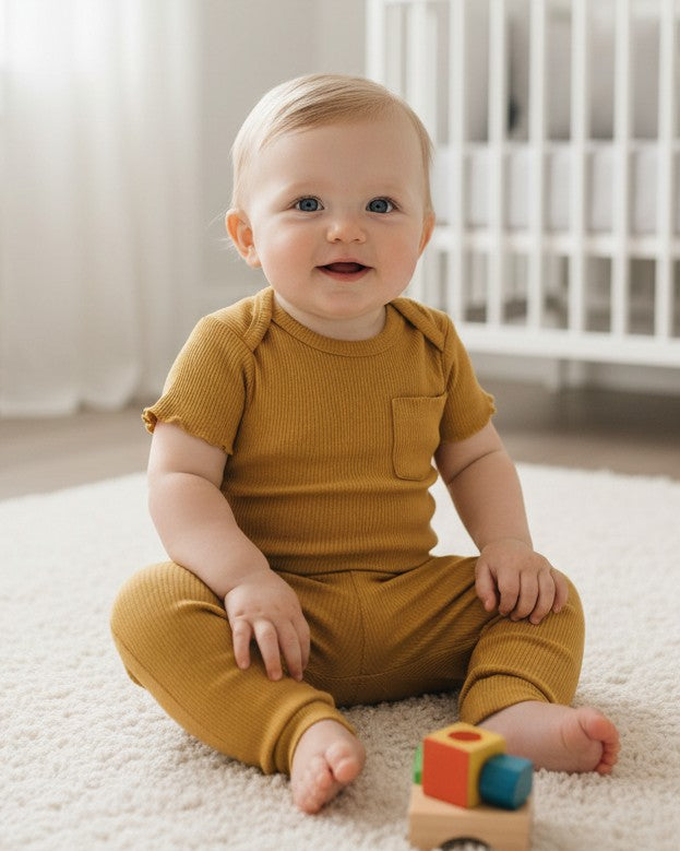 Calla Lily Cosmetics + CL kids white long-sleeve bodysuit with construction trucks and yellow pants. 60% Polyester 40% Cotton.