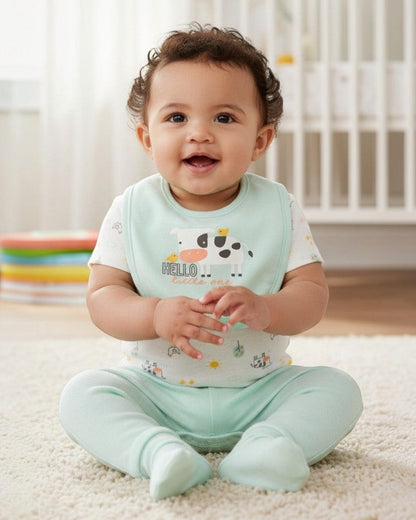 Calla Lily Cosmetics + CL kids 3pc baby set with white bodysuit featuring cow print, mint green pants, and a mint green bib with cow graphic.