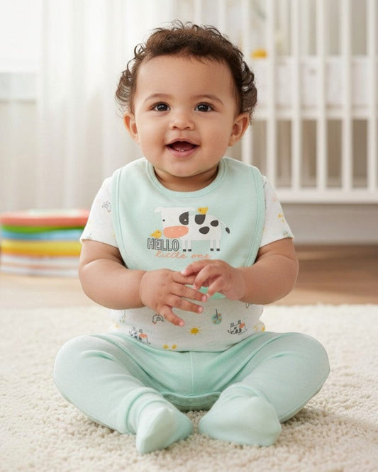 Calla Lily Cosmetics + CL kids 3pc baby set with white bodysuit featuring cow print, mint green pants, and a mint green bib with cow graphic.