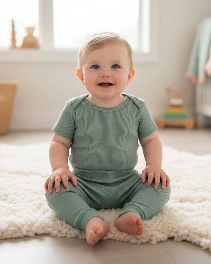 Calla Lily Cosmetics + CL kids Baby Dino Jumper Set, 4pc, white long-sleeve bodysuit with dinosaur print, blue shorts, and green pants. Polyester/cotton blend.