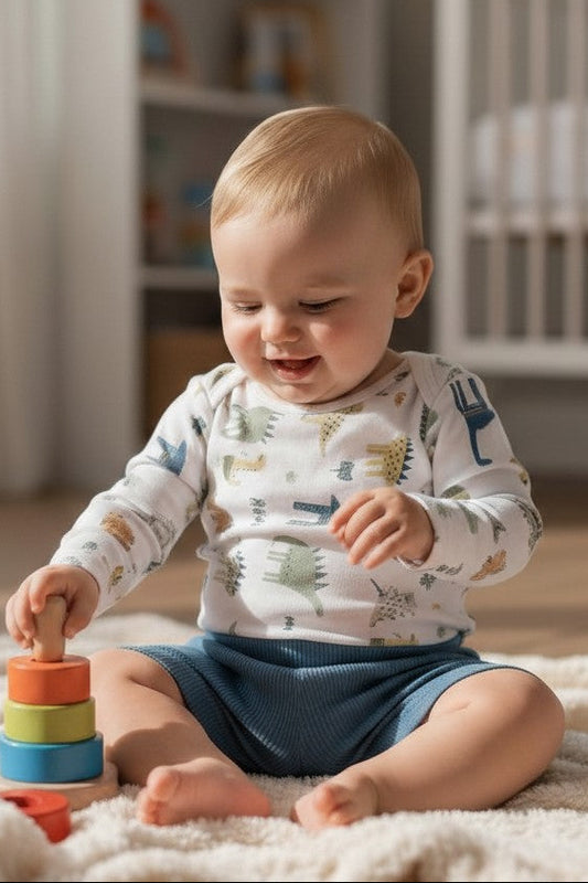 Calla Lily Cosmetics + CL kids Baby Dino Jumper Set, a 4-piece outfit with a white long-sleeve top featuring dinosaur print and blue shorts.