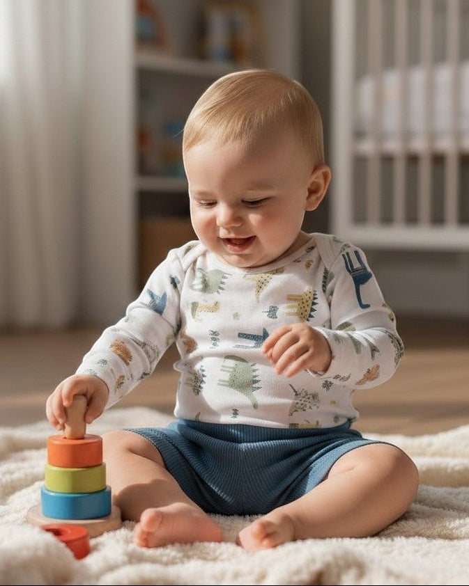 Calla Lily Cosmetics + CL kids Baby Dino Jumper Set, a 4-piece outfit with a white long-sleeve top featuring dinosaur print and blue shorts.
