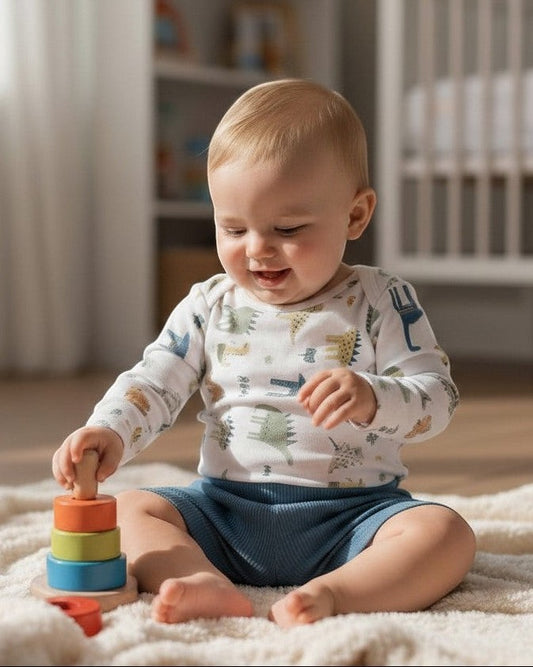 Calla Lily Cosmetics + CL kids Baby Dino Jumper Set, a 4-piece outfit with a white long-sleeve top featuring dinosaur print and blue shorts.
