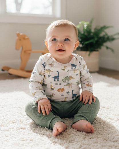 Calla Lily Cosmetics + CL kids white long-sleeve bodysuit with dinosaur print and green pants. 60% polyester, 40% cotton.