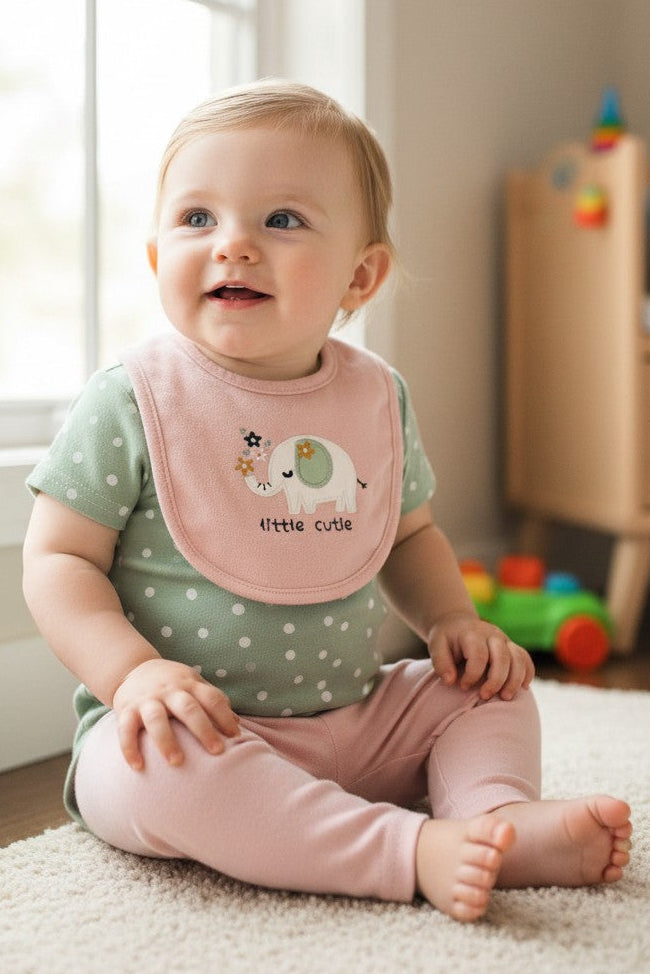 Calla Lily Cosmetics + CL kids baby girls 3-piece set: green polka dot bodysuit with elephant bib and pink pants. Cotton blend.