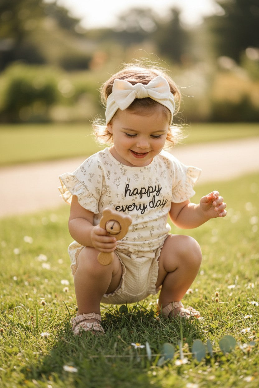 Calla Lily Cosmetics + CL kids cream cotton baby girl set with floral print, ruffle sleeves, and "happy every day" text.