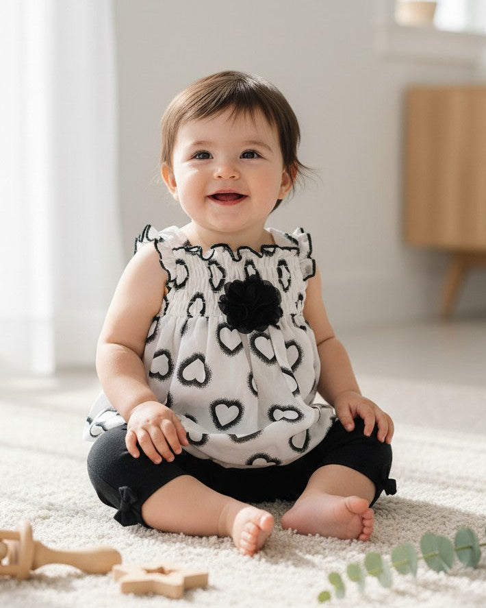 Calla Lily Cosmetics + CL kids white chiffon baby top with black hearts and flower accent, paired with black leggings with bows. 100% polyester.