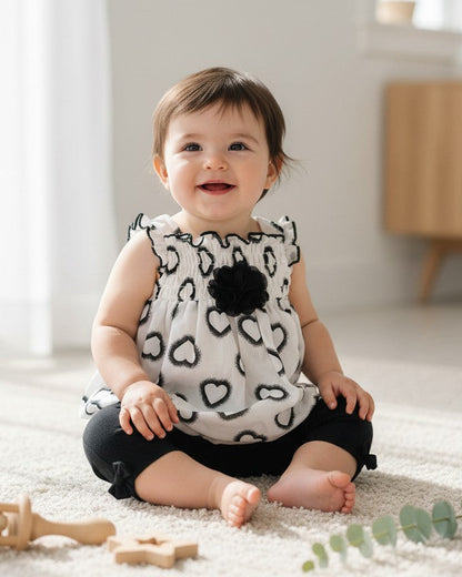 Calla Lily Cosmetics + CL kids white chiffon baby top with black hearts and flower accent, paired with black leggings with bows. 100% polyester.