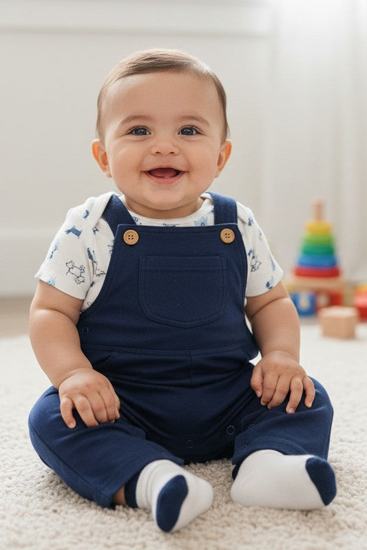 Calla Lily Cosmetics + CL kids navy blue baby jumper set with white puppy print bodysuit and socks. 60% polyester, 40% cotton.