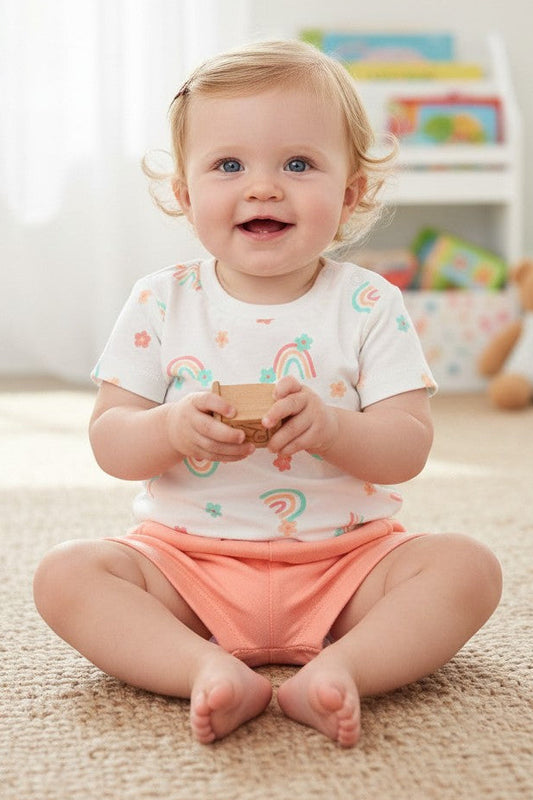 Calla Lily Cosmetics + CL kids 3 pc baby set: mint green bodysuit with floral print, white t-shirt with rainbow print, and coral shorts.