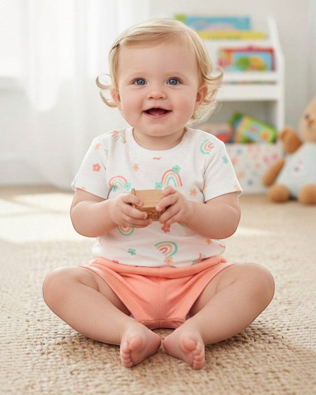 Calla Lily Cosmetics + CL kids 3 pc baby set: mint green bodysuit with floral print, white t-shirt with rainbow print, and coral shorts.