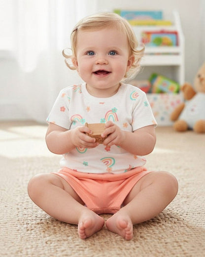 Calla Lily Cosmetics + CL kids 3 pc baby set: mint green bodysuit with floral print, white t-shirt with rainbow print, and coral shorts.