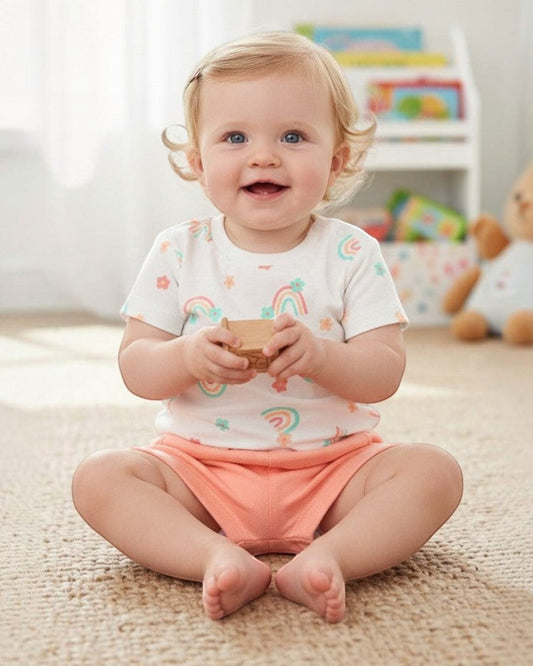 Calla Lily Cosmetics + CL kids 3 pc baby set: mint green bodysuit with floral print, white t-shirt with rainbow print, and coral shorts.