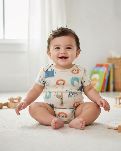 Calla Lily Cosmetics + CL kids beige 100% cotton baby bodysuit with all-over safari animal print including lions, elephants, zebras, giraffes, and crocodiles.