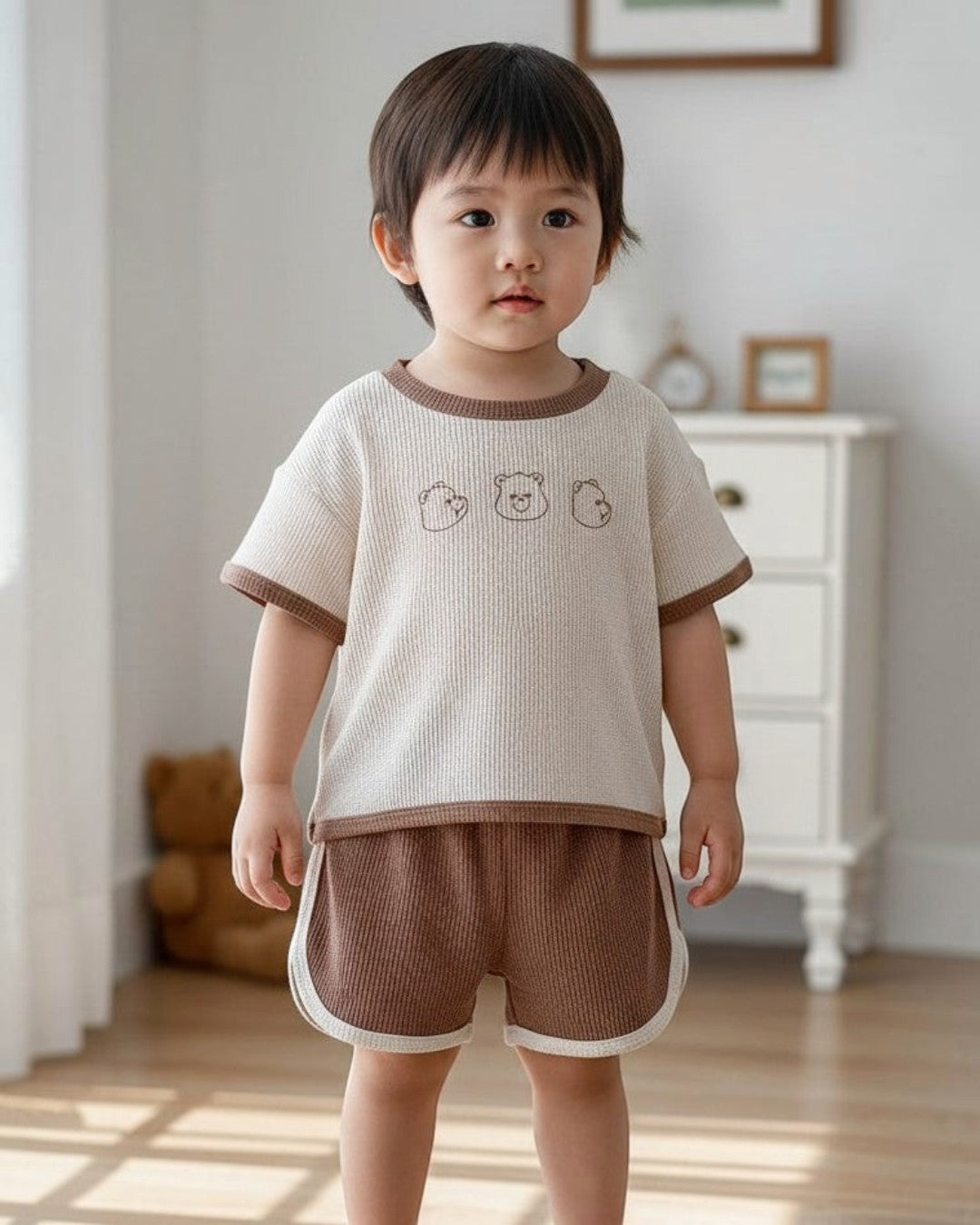 Calla Lily Cosmetics + CL kids cream waffle knit t-shirt with bear embroidery and brown shorts with cream trim.