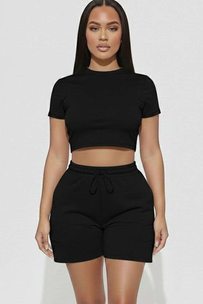 Calla Lily Cosmetics + CL kids black cotton crop tee and drawstring shorts set.