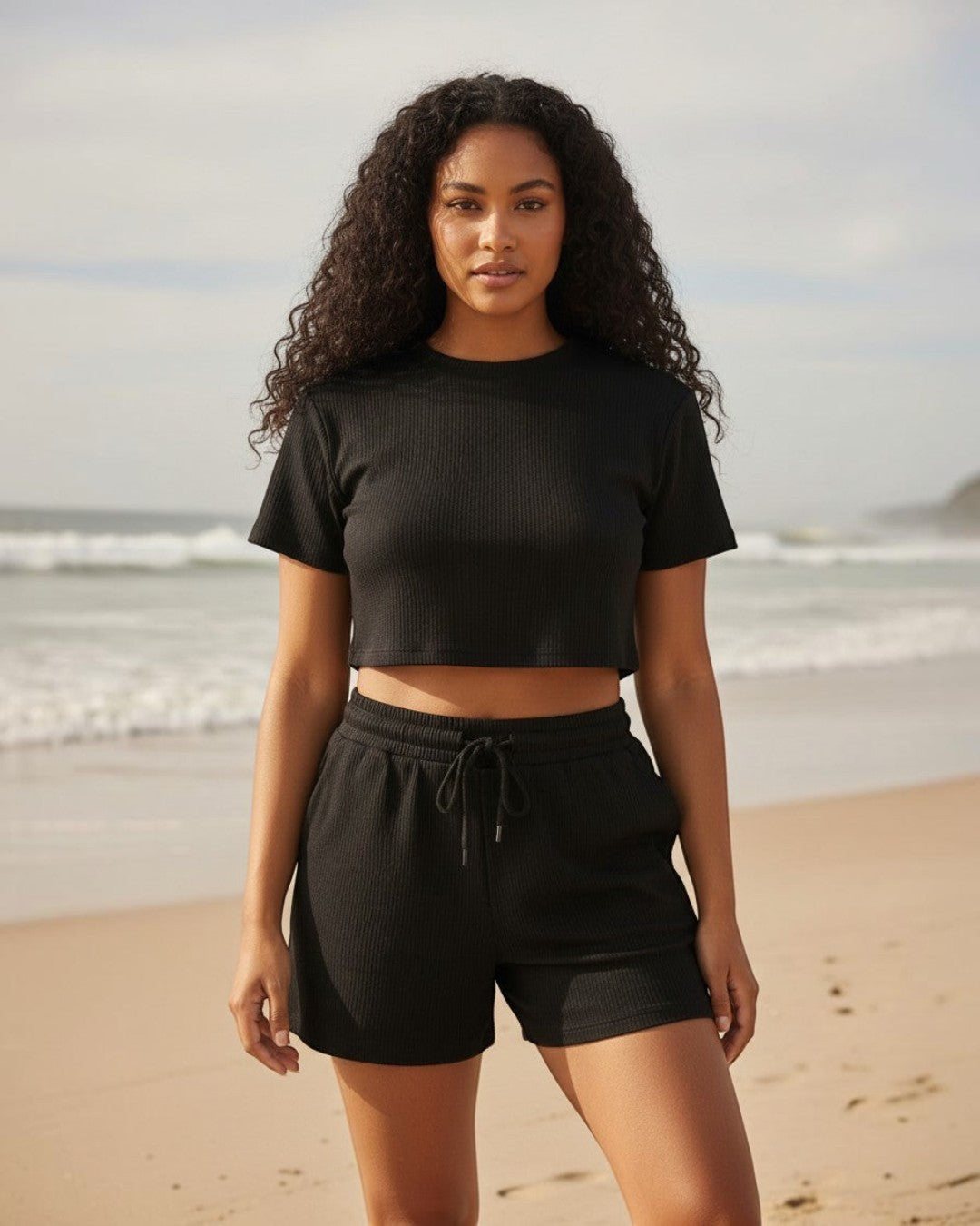 Model wearing a black ribbed crop tee and drawstring shorts set by Calla Lily Cosmetics + CL kids on a beach.