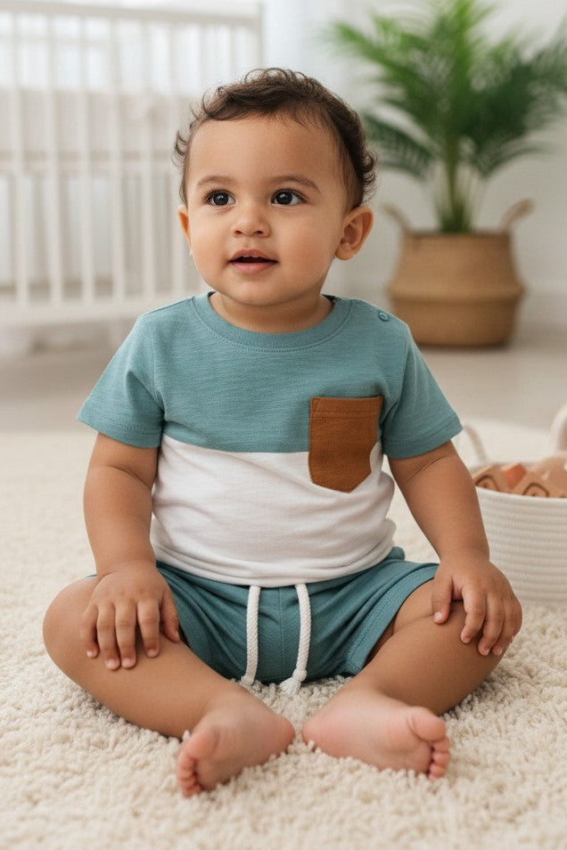 Calla Lily Cosmetics + CL kids blue and white colorblock tee with brown pocket, paired with matching shorts. Cotton-polyester blend.