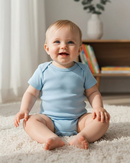 Calla Lily Cosmetics + CL kids light blue 100% cotton short-sleeve baby bodysuit with snap closure.