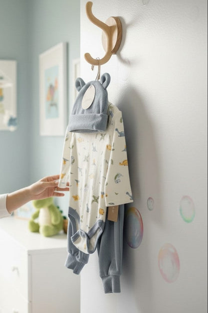 Calla Lily Cosmetics + CL kids blue 3-piece baby set with dinosaur print bodysuit, pants, and hat.
