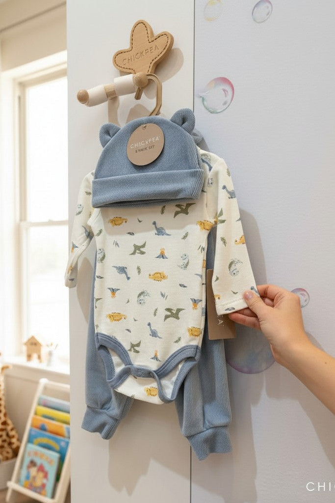 Calla Lily Cosmetics + CL kids blue ribbed knit 3-piece baby set with dinosaur print bodysuit and matching hat and pants.