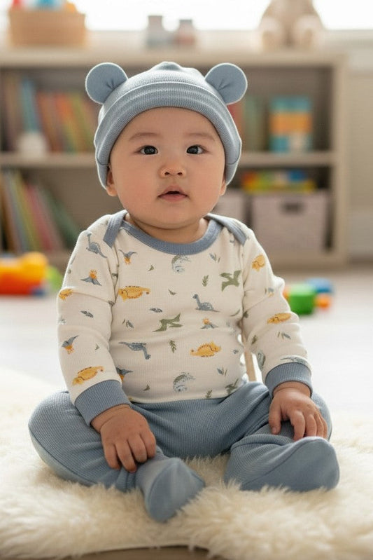 Calla Lily Cosmetics + CL kids baby boy in blue dinosaur print pajama set and matching hat